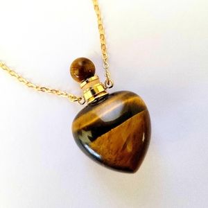 ❤️ S.African Yellow Tiger's Eye Brown Heart Perfume/Oil Bottle Pendant Necklace